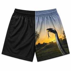 Shorts de sport pour hommes à séchage rapide, imprimés motif coucher de soleil serpent, taille élastique, poches, coupe classique, pour l'été - Product Image 1