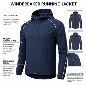 Men's Navy Hooded Sport Jacket Quick Dry Polyester <b>Zip</b> Front Elastic Cuff <b>Zip</b> Pockets Custom Logo Spring Wear - Product Image 4