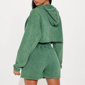 Custom Casual Winter Acid Wash Solid <b>Zip</b> <b>Hooded</b> Fleece Eco-Friendly Streetwear Jogging Hoodie and Shorts 2-Piece Women Set - Product Image 4