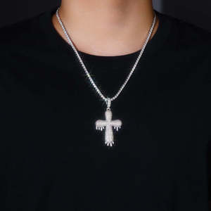 Ice Cubed Cross Moissanite Pendant Necklace Round Brilliant Cut Gold Plated Hip Hop Jewelry for Men Women - Product Image 1
