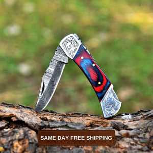 High Quality Damascus Steel Pocket Folding Knife Handmade Outdoor Foldable Knife with Wooden Handle for Hiking and <b>Camping</b> - Product Image 5