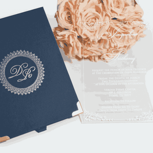 Caja de Invitación de Boda Duallush Jacqueline Azul Marino, Tablero de MDF de 5x7 Pulgadas con Monograma en Lámina Plateada y Esquinas Metálicas - Product Image 3