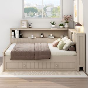 Divano letto matrimoniale in legno bianco antico con ripiani contenitore e letto estraibile - Product Image 2