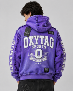 Sudadera con capucha morada de cierre de cremallera para hombre, de peso pesado, con lavado ácido, efecto desgastado, borde sin rematar, estilo streetwear, con apliques y estampado en relieve, de fabricante personalizado - Product Image 4