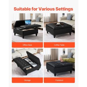 Pouf Contenitore Quadrato in Pelle da 34 Pollici, Design Trapuntato con Bottoni, Tavolino da Caffè Sollevabile, Sgabelli Ottomani Rivestiti in Pelle PU - Product Image 5
