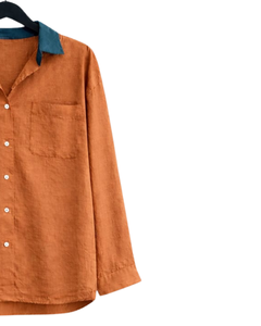 Ensemble deux pièces décontracté pour femme : chemise orange rouille et pantalon large bleu marine en coton et lin – Fabricant OEM personnalisé - Product Image 4