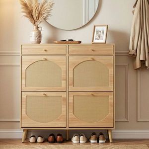 Meuble à chaussures en rotin avec 2 tiroirs et 4 compartiments rabattables 105*24*110cm en panneau de particules couleur bois naturel pour organiser votre entrée - Product Image 1