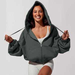 Sudadera con Capucha y Cremallera para Mujer, Hombros Caídos, Mezcla de Poliéster/Algodón, Secado Rápido, Color Sólido, Manga Larga, Transpirable, Invierno/Otoño - Product Image 1