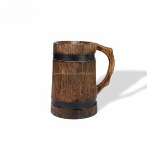 Chope à bière en bois fabriqué à la main avec des bandes métalliques | Tasse à boire rustique de style baril | 20 quantité minimale de commande | Logo personnalisé disponible - Product Image 2