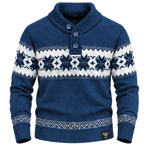 Pull en tricot 100 % coton bleu marine à imprimé géométrique pour homme, col boutonné, manches longues, anti-boulochage, décontracté pour l'automne - Product Image 1