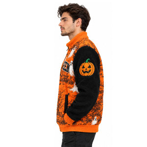 <b>Men's</b> Halloween Print Fleece Bomber <b>Jacket</b> Orange Ghost Pumpkin Design Zipper Front Casual Autumn Wear <b>Sherpa</b> Fleece <b>Jacket</b> - Product Image 3