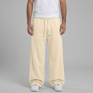 Pantalon de survêtement ample pour homme, coupe large, beige crème, en molleton épais, à bas ouvert, coupe droite, vente en gros - Product Image 1