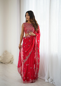 Sari en soie Fendy brodé de paillettes, ensemble avec pièce de blouse non cousue, tenue de fête et de festival, sari indien ethnique, vêtement régional - Product Image 1