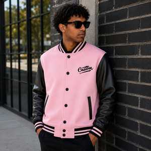 Veste de sport rose personnalisée pour homme, manches en laine/viscose, boutons sur le devant, col rabattu, style décontracté, coupe-vent, chauffante, respirante - Product Image 1
