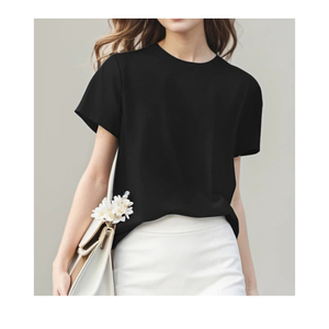 เสื้อยืดคอกลมสีดำของผู้หญิงทรงหลวมสีพื้นระบายอากาศได้ดีเสื้อสไตล์ฤดูร้อนฤดูใบไม้ผลิ - Product Image 1