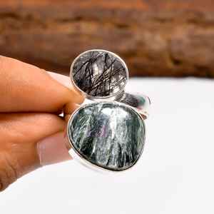 Bague en quartz rutile noir, argent sterling 925, style bohème, bijoux faits à la main, cadeau - Product Image 1