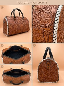 Hand-Tooled Genuine Leather Lightweight Foldable Weekender Duffel Bag Waterproof Large Capacity for Travel Sports Clothes - Product Image 3