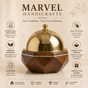 หม้ออุ่นอาหารไม้เนื้อดีพรีเมียมจาก Marvel Handicrafts พร้อมฝาโดมสแตนเลส แบบสองชั้น สำหรับเสิร์ฟอาหารในครัว - Product Image 5