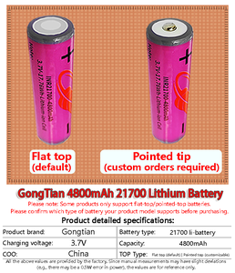 Batería de Litio Recargable de Estado Sólido GongTian 21700 4800mAh, Cátodo LiCoO2 de Punta Plana, 800 Ciclos, para Electrónica de Consumo - Product Image 5