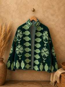 Veste brodée Suzani verte audacieuse et tendance, faite à la main, style bohème floral ouzbek, blazer au charme vintage - Product Image 3