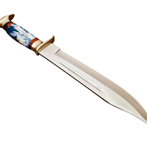 Cuchillo Bowie Hecho a Mano con Hoja de Acero Pulido Plateado, Mango Azul y Blanco, Guardacuchillo Dorado, Cuchillos de Caza Personalizados de Hoja Fija para Exteriores - Product Image 3