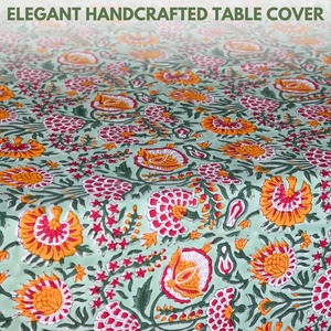 Nappe en coton imprimée à la main motif floral indien vert mousse vieillie et blanc, pour événements, mariages et décoration de table de ferme - Product Image 4