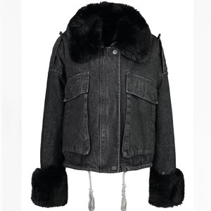 <b>Women's</b> Denim Trucker <b>Jacket</b> with Turn-down Collar Cuffs Winter Full Sleeve Solid Color Single Button Closure Knitted Breathable - Product Image 1