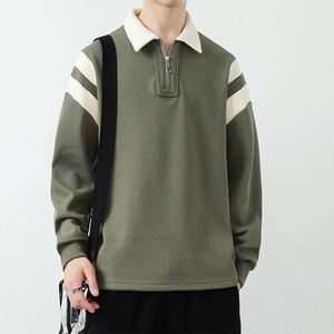 Men's Quarter Zip Sweatshirt Cream <b>Brown</b> Collar Regular Fit Casual <b>Long</b> <b>Sleeve</b> Solid Color French Terry Knitted <b>Top</b> Autumn Wear - Product Image 3