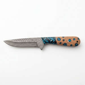 Couteau de chasse en acier de Damas en gros, manche hybride personnalisé en résine turquoise et bois, lame fixe, couteau de camping extérieur OEM - Product Image 6