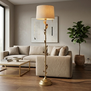 Elegant Gold Metal Floor Lamp with <b>Leaf</b> Decor & Fabric Shade Modern Standing <b>Light</b> for Living Room Bedroom Diwali Wedding Decor - Product Image 3