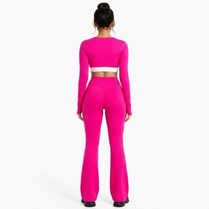 Customized <b>Women</b> 2 Piece Yoga Set V Neck <b>Crop</b> Top Long Sleeve Flare <b>Leggings</b> Activewear Gym Workout Suits Sportswear Tracksuit - Product Image 2