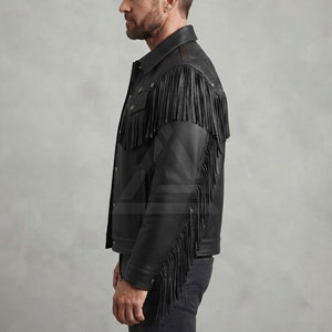 Rugged Men Western Leather <b>Jacket</b> With <b>Fringe</b> Detailing Embossed Design For Casual Cowboy Streetwear And Weekend Wear - Product Image 6