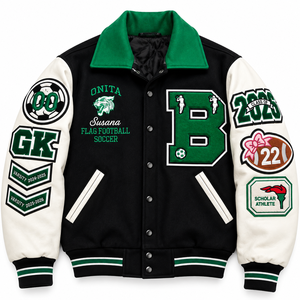 Veste de cheerleader XLISE pour homme, col rond, chauffante, avec manches en laine, patchs en chenille, logo sur le devant, qualité supérieure, automne - Product Image 1