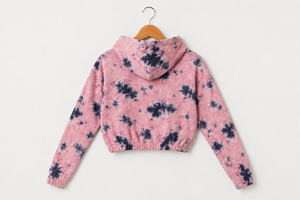 Sweat-shirt à capuche court pour femme, rose et noir, tie-dye, avec poche, pour un style décontracté et streetwear - Product Image 2