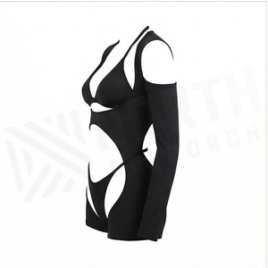 Women's Black One-Piece Swimsuit Halter Neck Hollow Out Cutout Long Sleeve Bodysuit Stretch Spandex Nylon Swimwear - Product Image 3