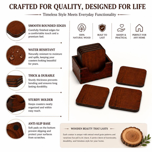 Square <b>Wooden</b> Coaster <b>Set</b> of 6 | Brown Wood Drink Coasters | <b>Tea</b> Cup, Coffee Mug & Glass Coasters | Dining Table - Product Image 6