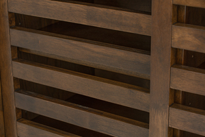 Walnut-finish wooden shoe rack cabinet with sliding slatted doors, perfect for minimalist entryways. - Product Image 6