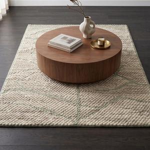 Alfombra Moderna de Lana Tejida a Mano con Bucle de Guijarros Gruesos, Antideslizante, con Base de Lona de Algodón - Color Sólido Crema Verde Salvia - Product Image 2
