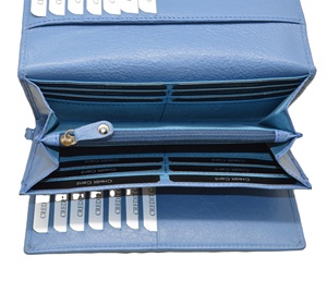 Women Genuine Leather Long <b>Wallet</b> With <b>Metal</b> Buckle Closure And Wrist Strap Blue Minimalist Design - Product Image 3