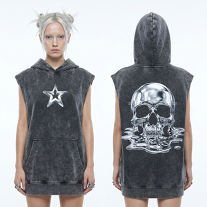 Sudadera con capucha Peach Acid Wash con estampado gráfico personalizado de mariposa y calavera, estampado de espinas en las mangas, estilo streetwear desgastado, de alta calidad, de forro polar. - Product Image 2