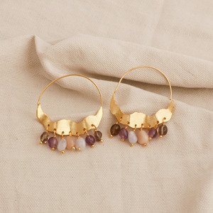 Boucles d'oreilles créoles pendantes en améthyste et quartz fumé, plaquées or, avec pierres précieuses à franges style chandelier, style bohème affirmé, cadeau R - Product Image 1
