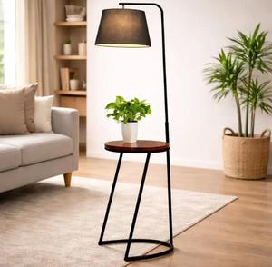 Modern Iron Floor Lamp with Wood Table Top Black Fabric Drum Shade Adjustable <b>Standing</b> Light for Bedroom - Product Image 3