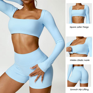 Breathable Sweat-wicking Two Piece Long Sleeve Workout Wear Gym Actviewear High Waist Ruched Butt Yoga Shorts Set Fitness Women