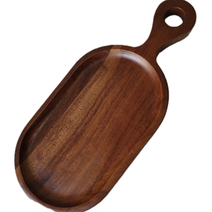 Plateau de service rectangulaire moderne de luxe tendance, en bois d'acacia naturel, écologique, durable, avec poignée, pour apéritifs et collations - Product Image 3