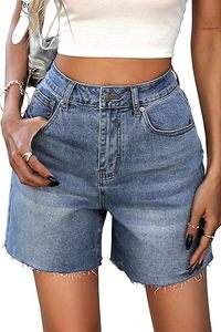 Shorts de mezclilla de cintura alta con dobladillo deshilachado y pierna ancha para mujer, shorts de jean casuales de moda para verano - Product Image 4