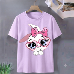 Camiseta de Verano Informal de Manga Corta con Cuello en V y Estampado de Conejito para Mujer, Ajuste Regular, Tejido de Poliéster/Algodón - Product Image 2