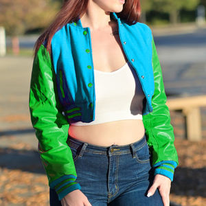 Chaqueta Corta Estilo Universitaria para Mujer, Azul Verde, Estilo Bomber, Mangas de Cuero Sintético, Ropa Exterior Informal, Moda Femenina - Product Image 1