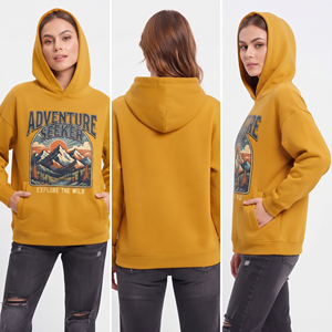 Sweat à capuche imprimé pour femme 100 % coton molletonné, idéal pour l'hiver, avec poches avant, coupe ample et épaisse - Product Image 5