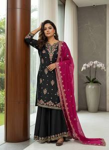 ชุดคุर्ติปาลาซโซ่ดีไซน์เนอร์สตาร์จอร์เจตต์พร้อมผ้าคลุมไหล่สำหรับผู้หญิง – ชุดปักเลื่อมและลายปักดิ้นทองสำหรับงานปาร์ตี้ (ไซส์ M-XXL) - Product Image 5