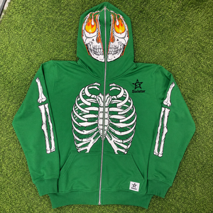 Green Gothic Hoodie Men <b>Skeleton</b> Print Zippered Hooded Sweatshirt Regular Fit Autumn Style Skull Design <b>Full</b> Sleeve - Product Image 6